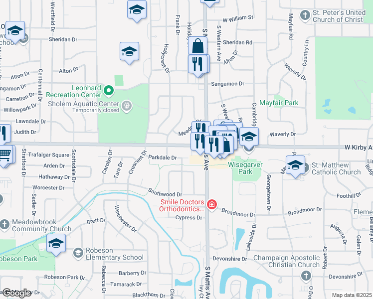 map of restaurants, bars, coffee shops, grocery stores, and more near 1817 West Kirby Avenue in Champaign
