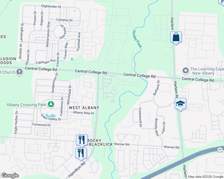 map of restaurants, bars, coffee shops, grocery stores, and more near 6290 Rocky Junction Place in Westerville