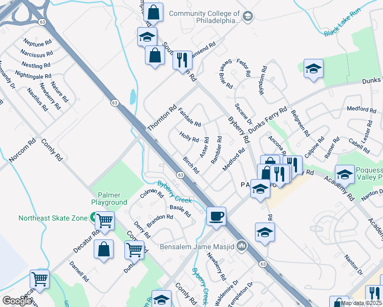 map of restaurants, bars, coffee shops, grocery stores, and more near 12123 Barbary Road in Philadelphia
