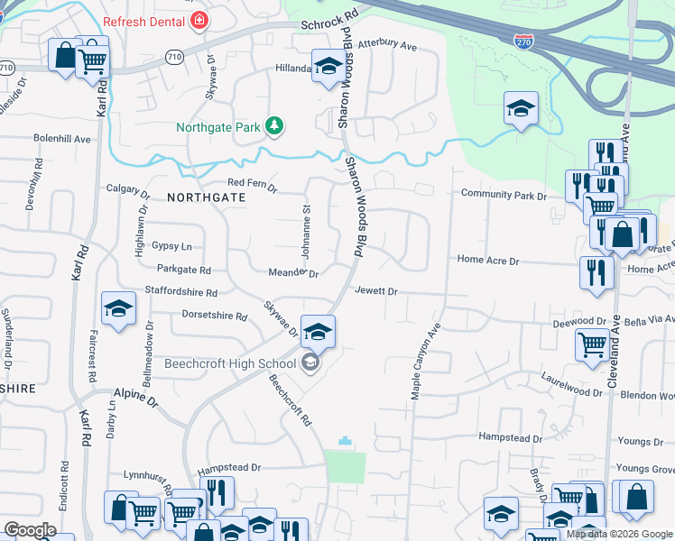 map of restaurants, bars, coffee shops, grocery stores, and more near 1983 Meander Drive in Columbus