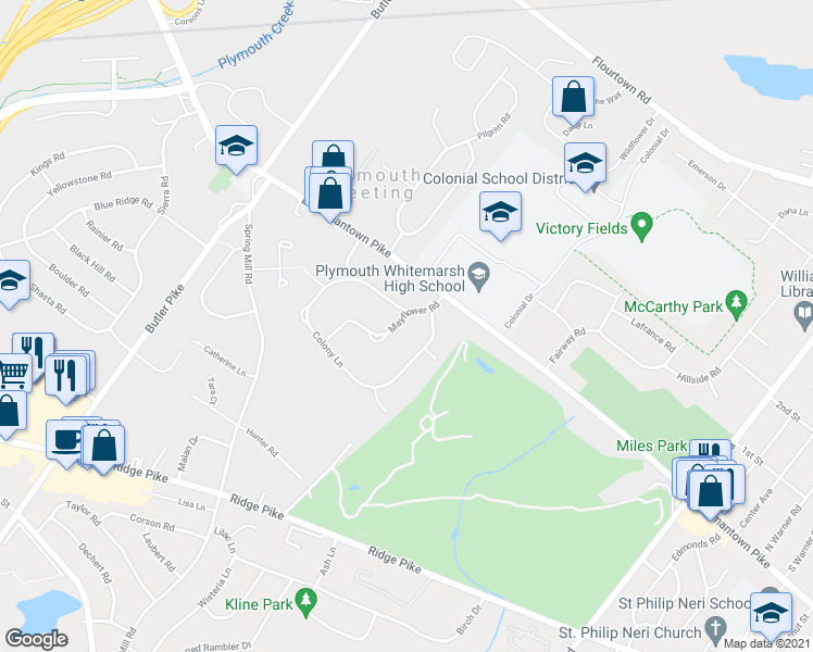 map of restaurants, bars, coffee shops, grocery stores, and more near 3185 Mayflower Road in Plymouth Meeting