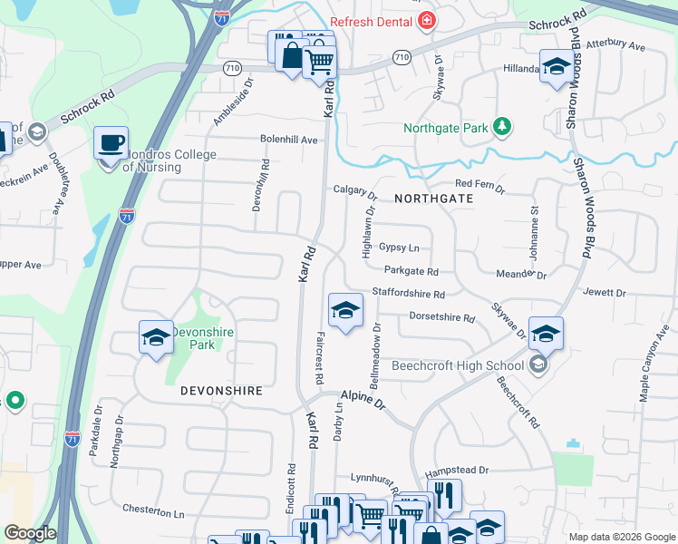 map of restaurants, bars, coffee shops, grocery stores, and more near 6395 Dalewood Road in Columbus