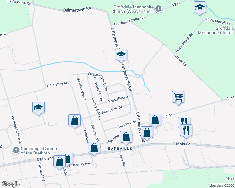 map of restaurants, bars, coffee shops, grocery stores, and more near 408 Farmview Drive in Leacock-Leola-Bareville