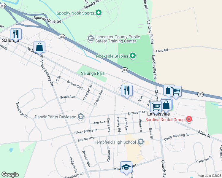 map of restaurants, bars, coffee shops, grocery stores, and more near 125 Main Street in Salunga-Landisville