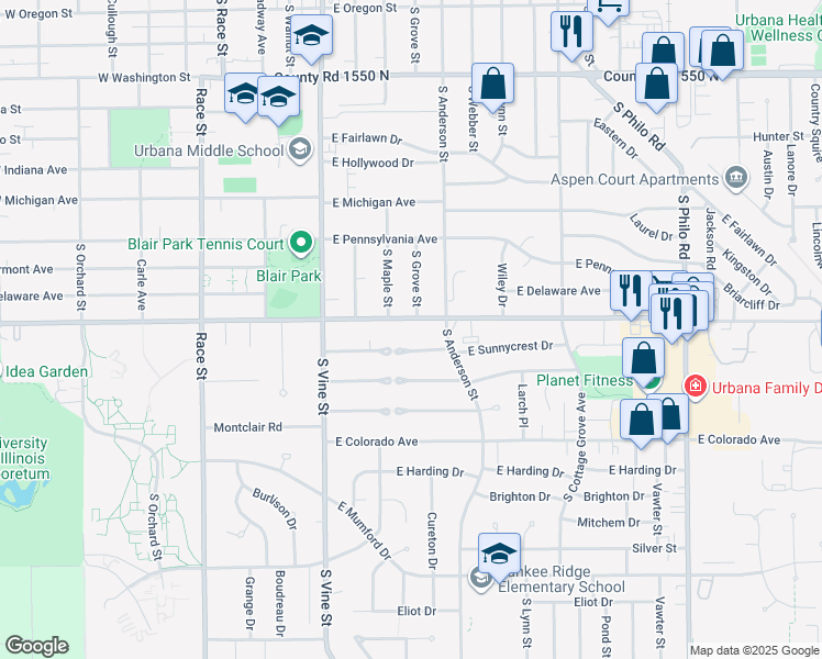 map of restaurants, bars, coffee shops, grocery stores, and more near 507 E Florida Ave in Urbana