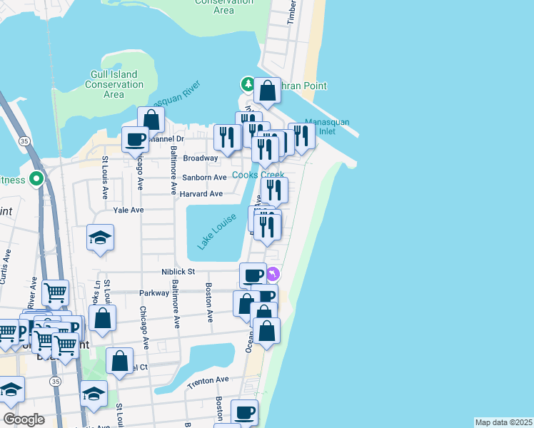 map of restaurants, bars, coffee shops, grocery stores, and more near 161 Ocean Avenue in Point Pleasant Beach
