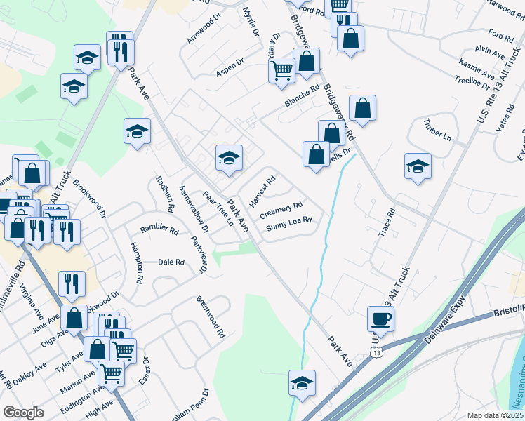 map of restaurants, bars, coffee shops, grocery stores, and more near 3608 Creamery Road in Bucks County