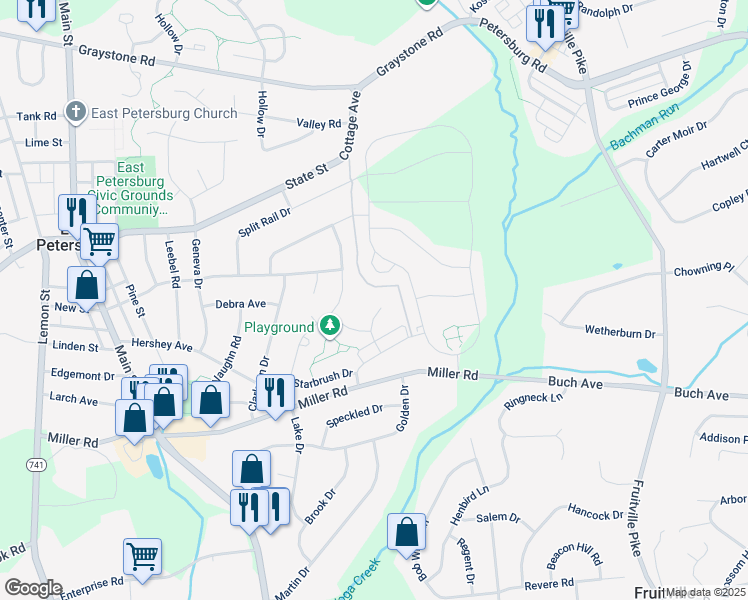 map of restaurants, bars, coffee shops, grocery stores, and more near 3022 Morning Thistle Ct in East Petersburg