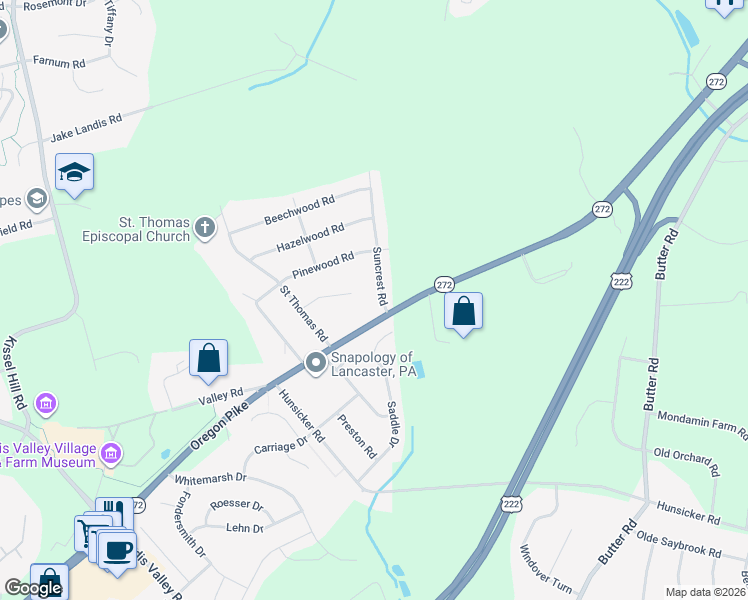map of restaurants, bars, coffee shops, grocery stores, and more near 107 Suncrest Rd in Lancaster