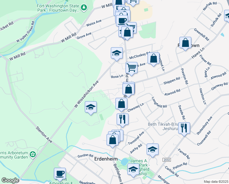 map of restaurants, bars, coffee shops, grocery stores, and more near 100 West Wissahickon Avenue in Flourtown