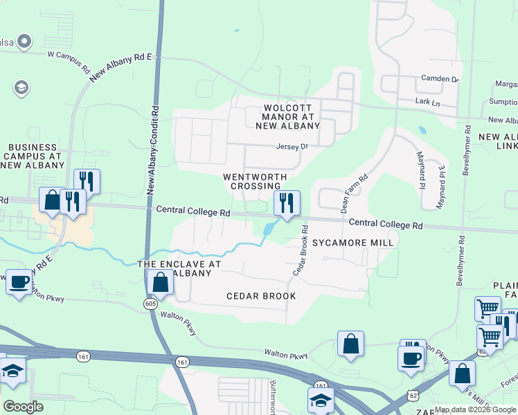 map of restaurants, bars, coffee shops, grocery stores, and more near 6860 Wentworth Drive in New Albany