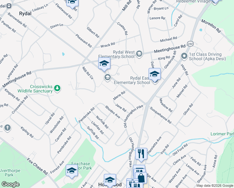 map of restaurants, bars, coffee shops, grocery stores, and more near 1062 Marie Road in Rydal