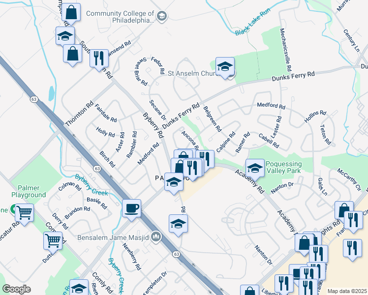 map of restaurants, bars, coffee shops, grocery stores, and more near 12401 Balston Rd in Philadelphia