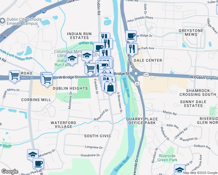 map of restaurants, bars, coffee shops, grocery stores, and more near 76 Dublin Road in Dublin