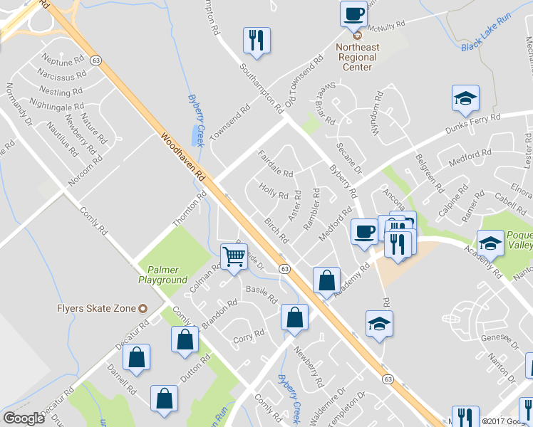 map of restaurants, bars, coffee shops, grocery stores, and more near 3159 Birch Road in Philadelphia