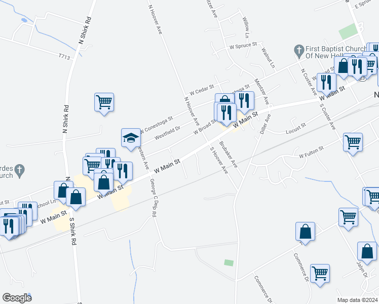 map of restaurants, bars, coffee shops, grocery stores, and more near 533 West Main Street in New Holland