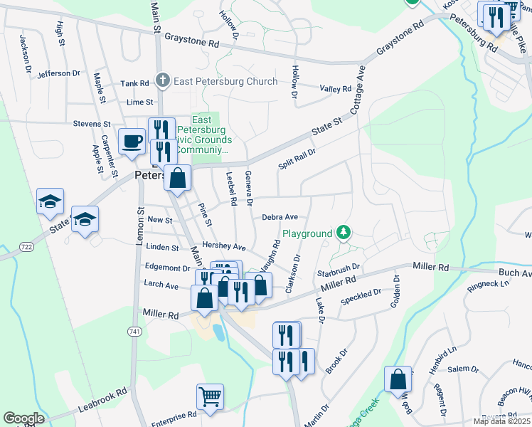 map of restaurants, bars, coffee shops, grocery stores, and more near 2313 Debra Avenue in East Petersburg