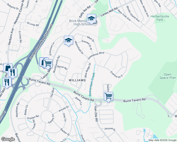map of restaurants, bars, coffee shops, grocery stores, and more near 23 Blue Ridge Drive in Brick Township