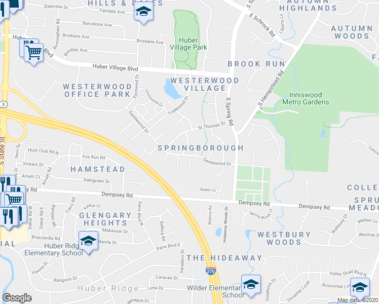 map of restaurants, bars, coffee shops, grocery stores, and more near 372 Gentlewind Drive in Westerville