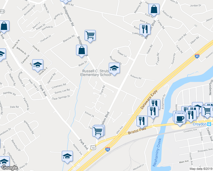 map of restaurants, bars, coffee shops, grocery stores, and more near 1029 Burnley Court in Bensalem