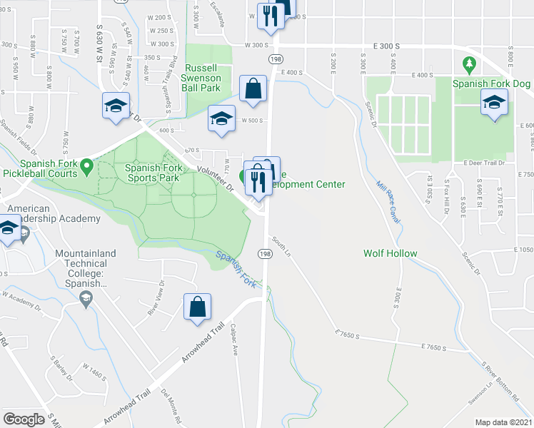 map of restaurants, bars, coffee shops, grocery stores, and more near South Main Street in Spanish Fork