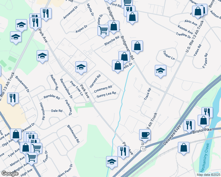 map of restaurants, bars, coffee shops, grocery stores, and more near 3621 Creamery Road in Bensalem
