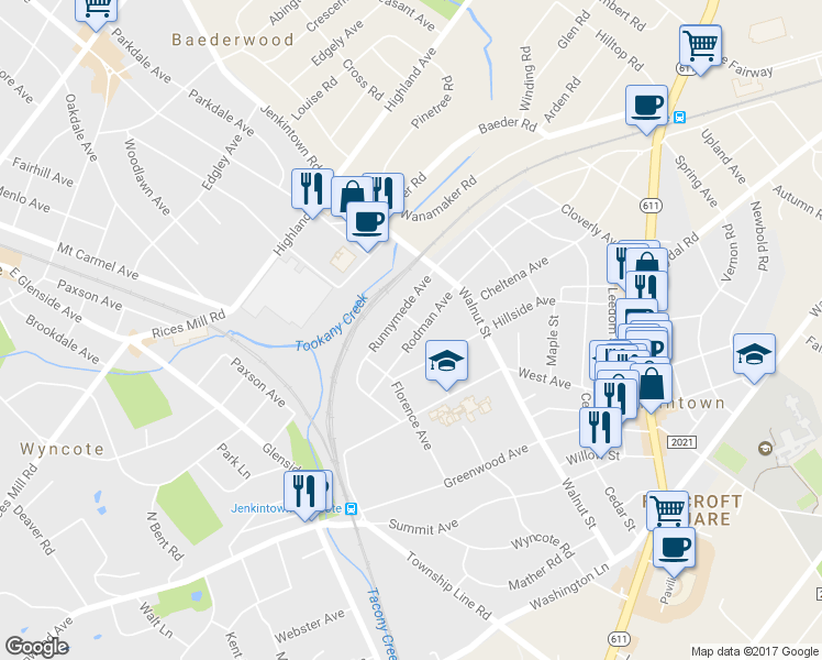 map of restaurants, bars, coffee shops, grocery stores, and more near 221 Rodman Avenue in Jenkintown