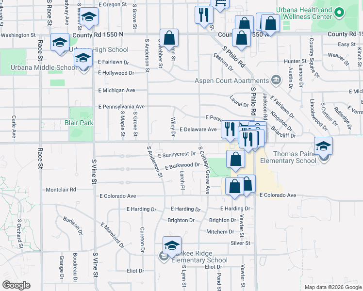 map of restaurants, bars, coffee shops, grocery stores, and more near 909 East Florida Avenue in Urbana