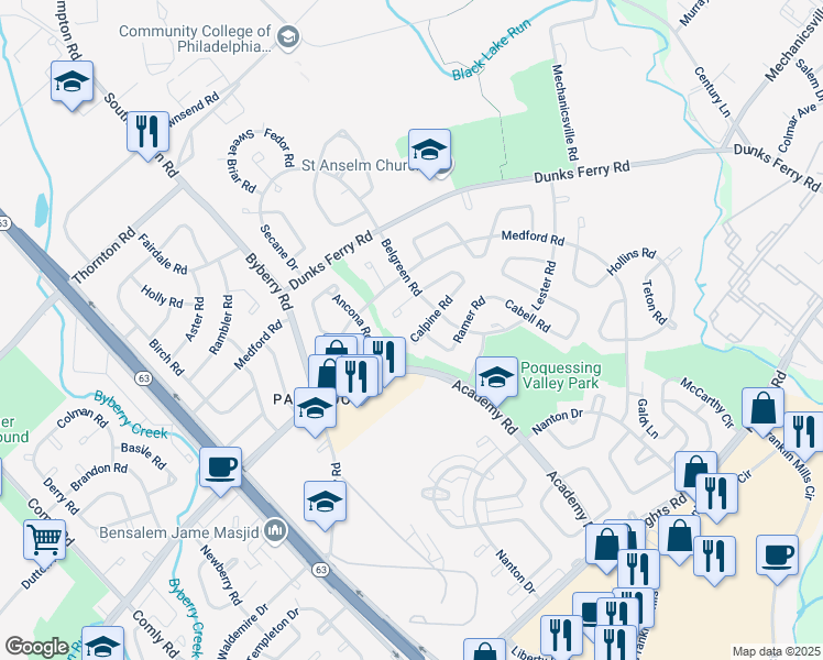 map of restaurants, bars, coffee shops, grocery stores, and more near 12520 Calpine Road in Philadelphia