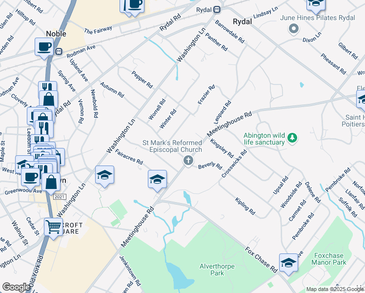 map of restaurants, bars, coffee shops, grocery stores, and more near 1225 Fairy Hill Road in Rydal