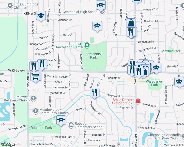 map of restaurants, bars, coffee shops, grocery stores, and more near 2205 West Kirby Avenue in Champaign