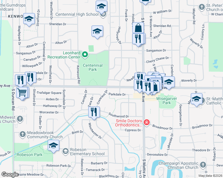 map of restaurants, bars, coffee shops, grocery stores, and more near 2009 West Kirby Avenue in Champaign