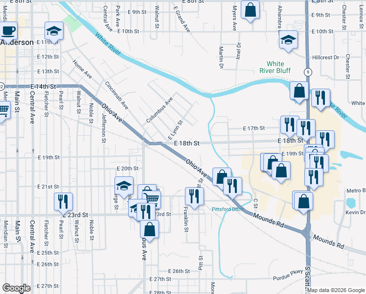 map of restaurants, bars, coffee shops, grocery stores, and more near 1203 East 18th Street in Anderson