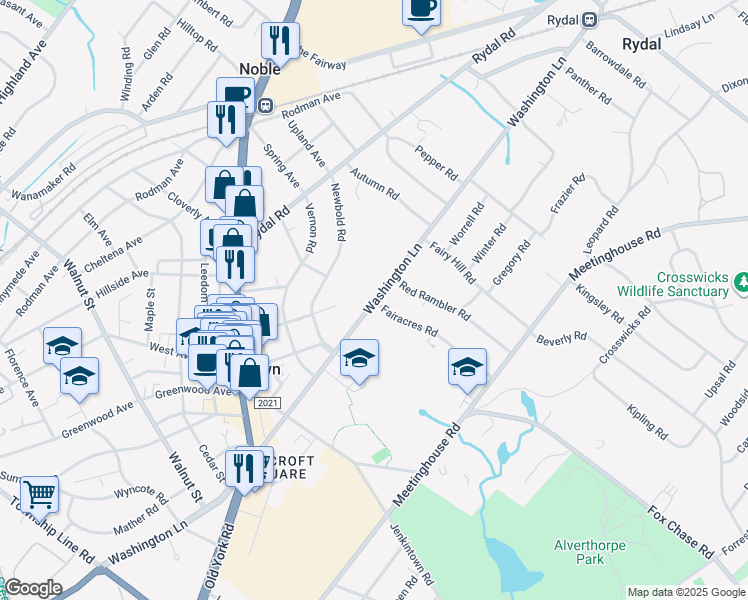 map of restaurants, bars, coffee shops, grocery stores, and more near 711 Washington Lane in Rydal