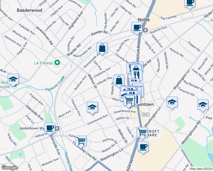 map of restaurants, bars, coffee shops, grocery stores, and more near 418 Linden Street in Jenkintown