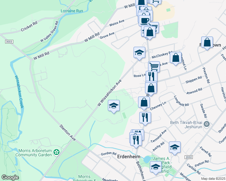 map of restaurants, bars, coffee shops, grocery stores, and more near 64 West Wissahickon Avenue in Flourtown