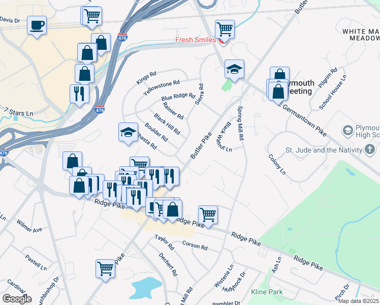 map of restaurants, bars, coffee shops, grocery stores, and more near 2064 Butler Pike in Conshohocken