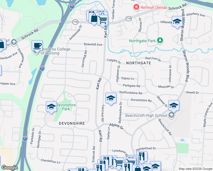 map of restaurants, bars, coffee shops, grocery stores, and more near 6395 Dalewood Road in Columbus
