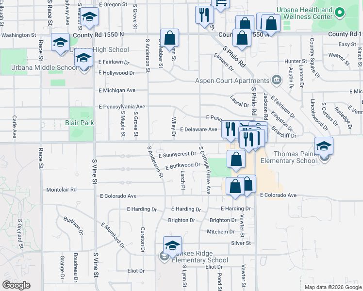 map of restaurants, bars, coffee shops, grocery stores, and more near 909 East Florida Avenue in Urbana