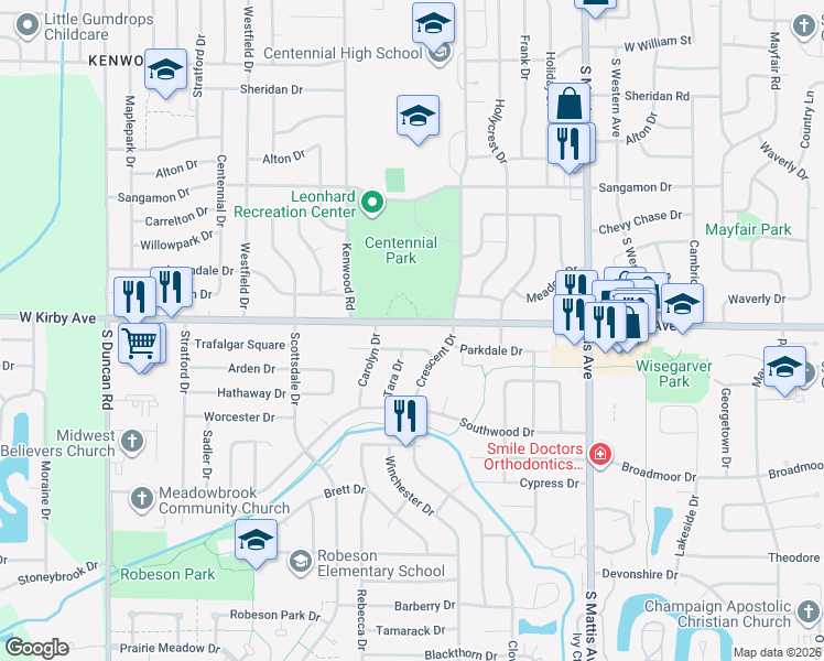 map of restaurants, bars, coffee shops, grocery stores, and more near 2205 West Kirby Avenue in Champaign