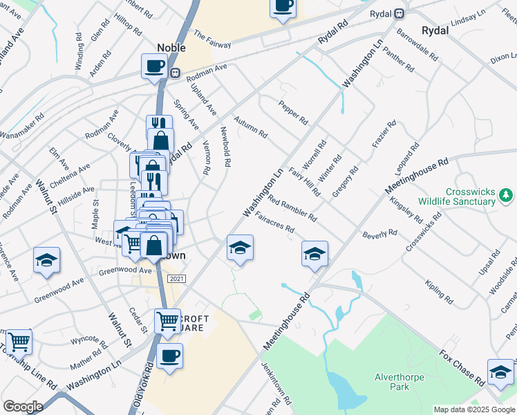 map of restaurants, bars, coffee shops, grocery stores, and more near 711 Washington Lane in Rydal