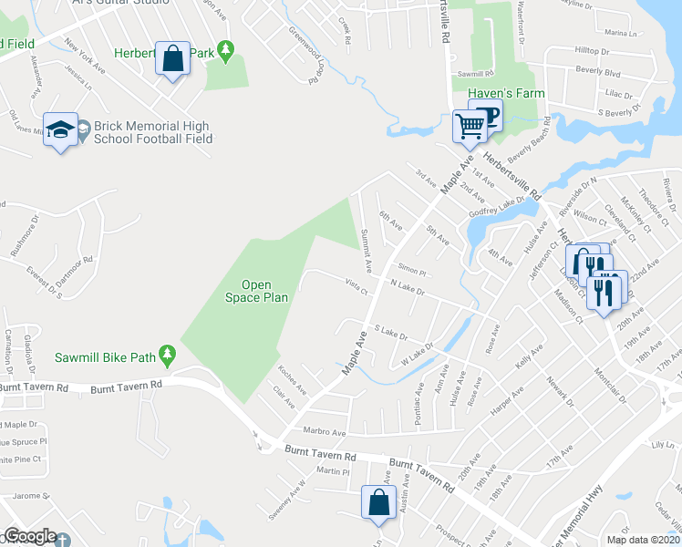 map of restaurants, bars, coffee shops, grocery stores, and more near 425 Vista Court in Brick Township