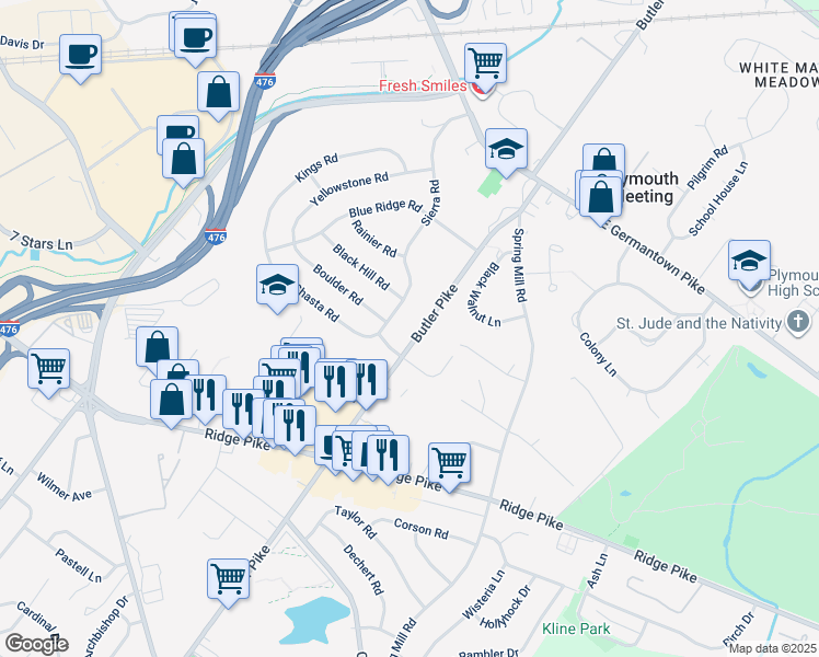 map of restaurants, bars, coffee shops, grocery stores, and more near 2064 Butler Pike in Conshohocken