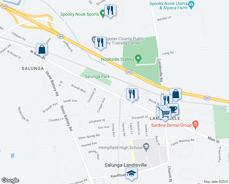 map of restaurants, bars, coffee shops, grocery stores, and more near 125 Main Street in Salunga-Landisville