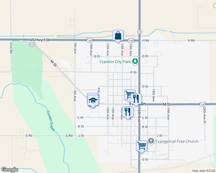 map of restaurants, bars, coffee shops, grocery stores, and more near 1201 O Street in Franklin