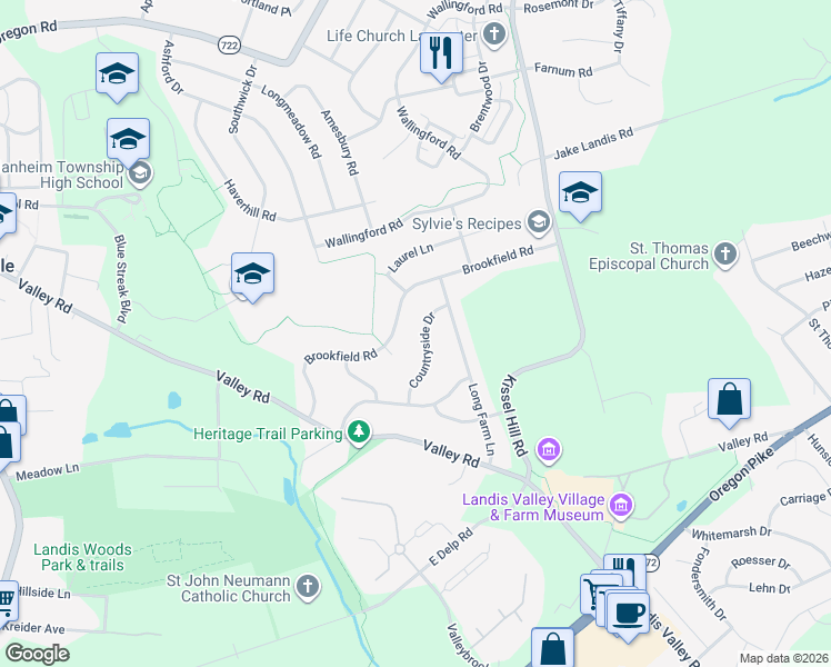 map of restaurants, bars, coffee shops, grocery stores, and more near 2836 Countryside Dr in Lancaster