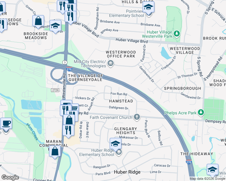 map of restaurants, bars, coffee shops, grocery stores, and more near 6412 Montford Road North in Westerville