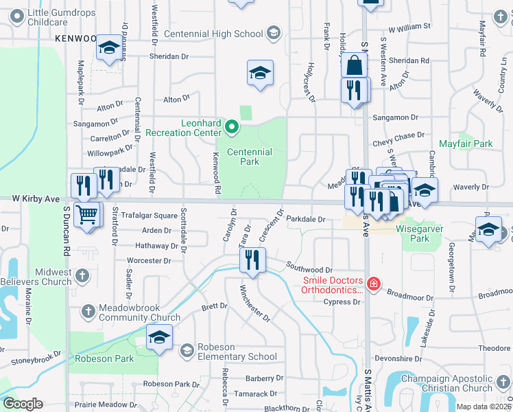 map of restaurants, bars, coffee shops, grocery stores, and more near 2205 West Kirby Avenue in Champaign