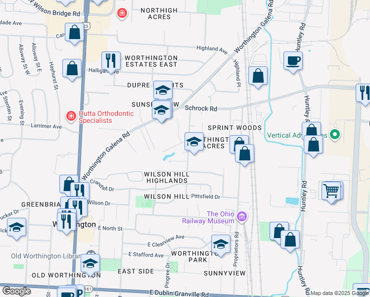 map of restaurants, bars, coffee shops, grocery stores, and more near 340 Whispering Pines Court in Worthington