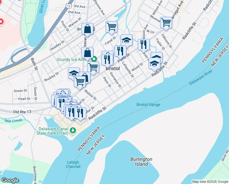 map of restaurants, bars, coffee shops, grocery stores, and more near 600 Cedar Street in Bristol